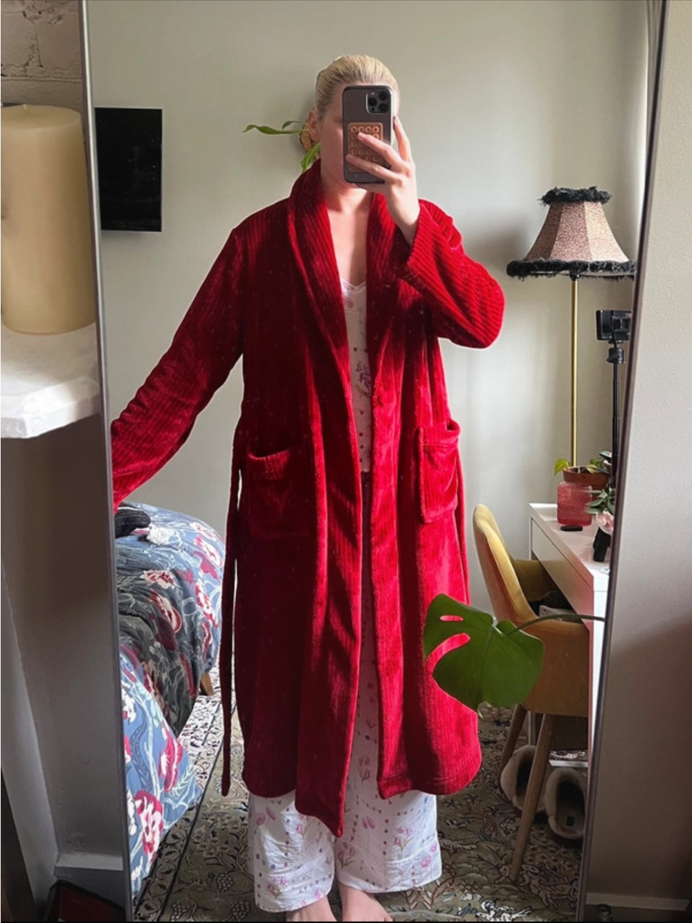 Red Plush Long Robe with Shawl Collar